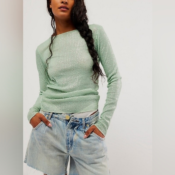 NWOT Free People Gold Rush Long Sleeve Sequin Top in Mint ✨Size Small ✨ - Picture 3 of 10